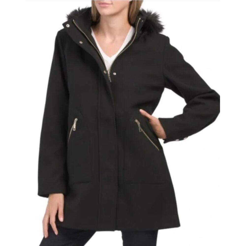 Vince Camuto Chateau Parka With Faux Fur Hoodie Black Full Zip Gorpcore Size S